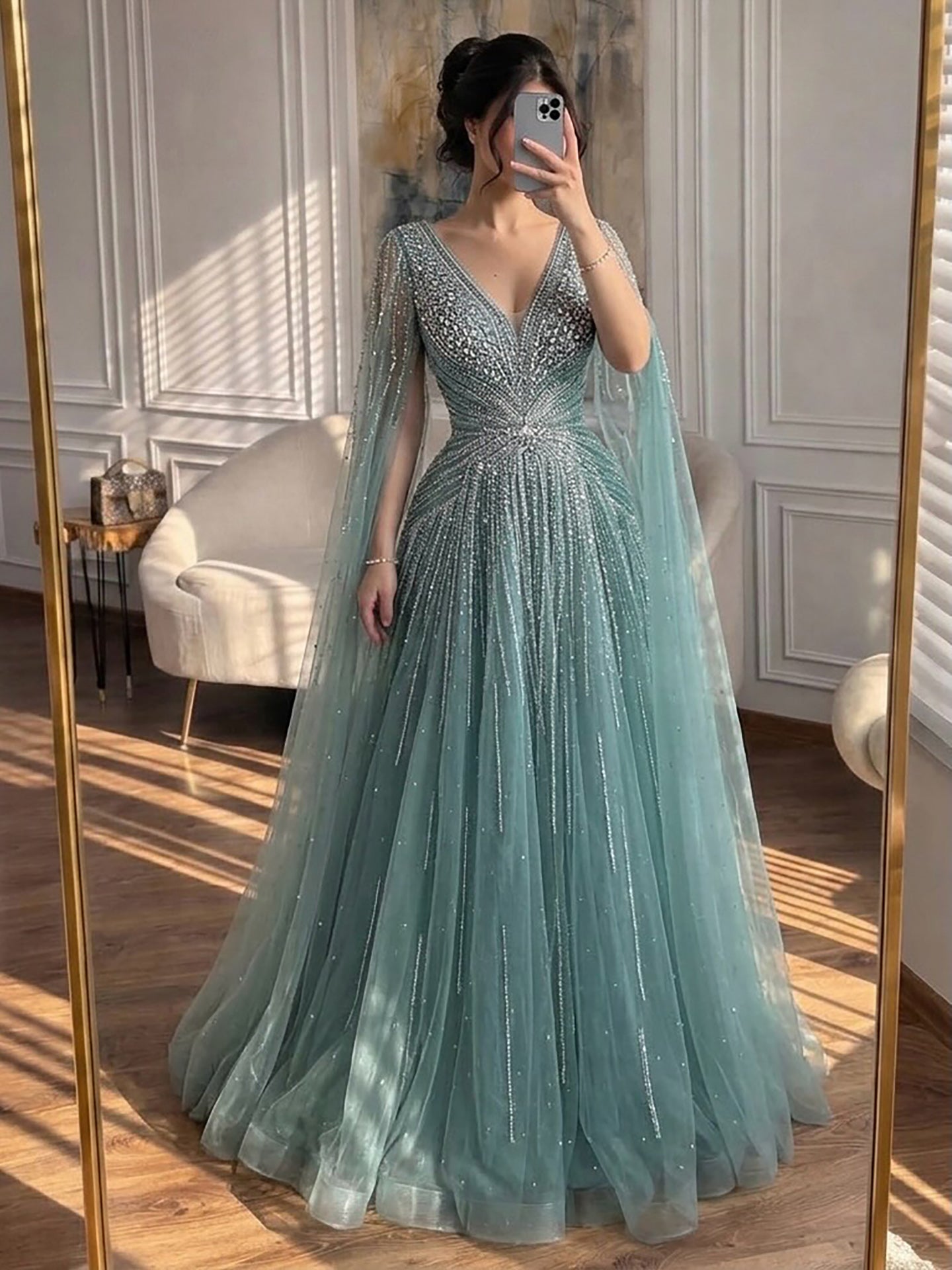 Luxury Nude Crystal Beaded A Line Dress with Cape Sleeves LA73742