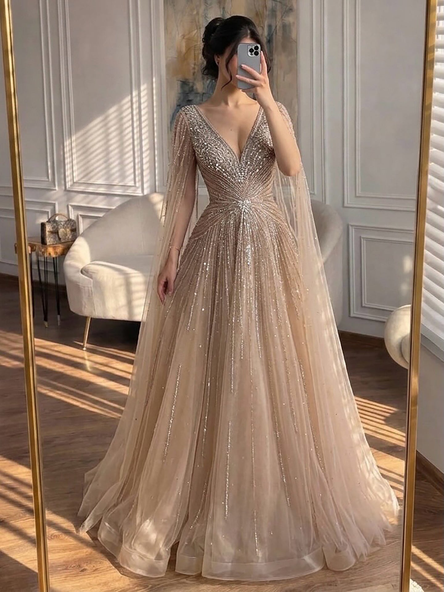 Luxury Nude Crystal Beaded A Line Dress with Cape Sleeves LA73742