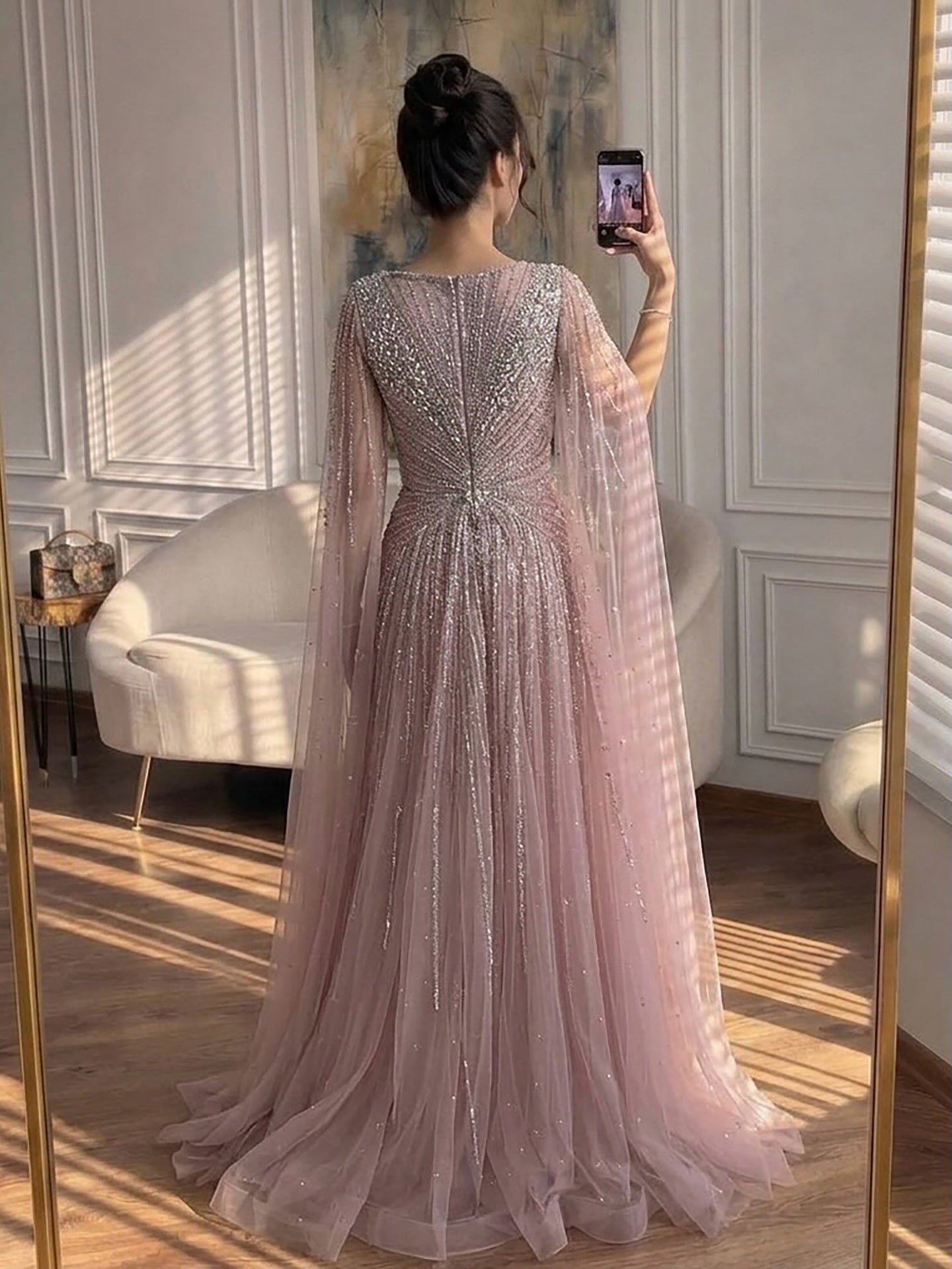 Luxury Nude Crystal Beaded A Line Dress with Cape Sleeves LA73742