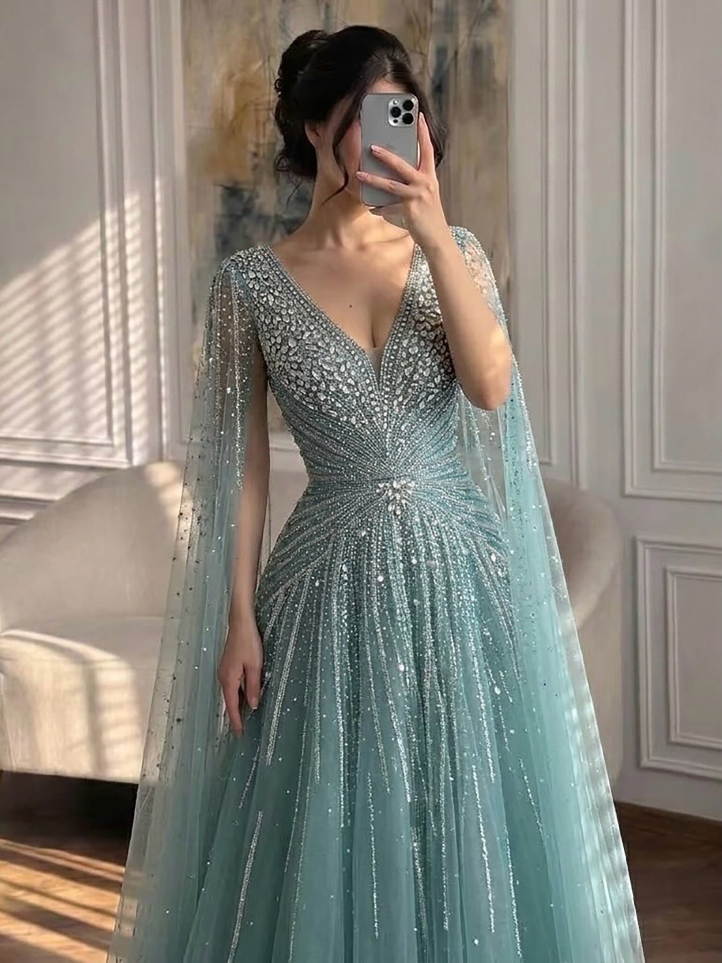 Luxury Nude Crystal Beaded A Line Dress with Cape Sleeves LA73742