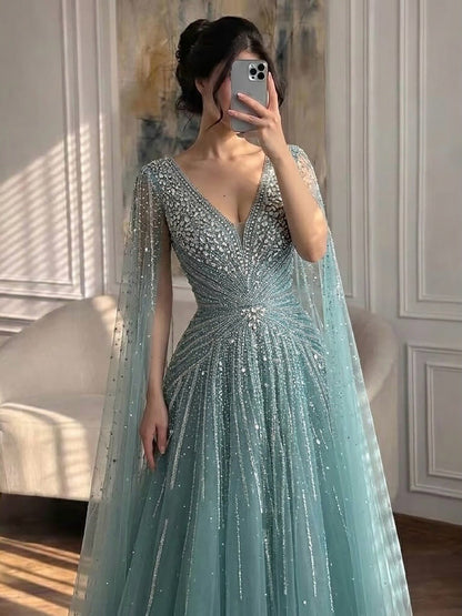 Luxury Nude Crystal Beaded A Line Dress with Cape Sleeves LA73742