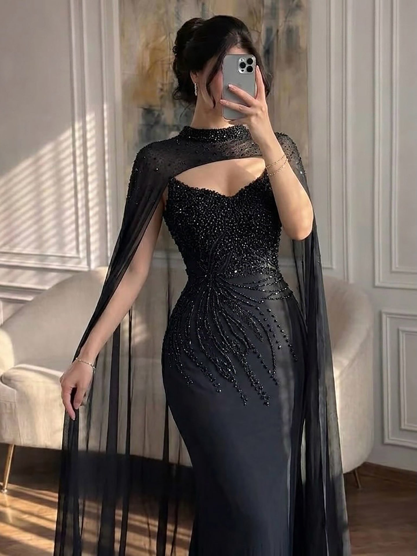 Luxury Black Wine Red Beaded Mermaid Evening Dress LA73743