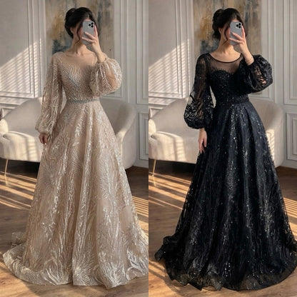Luxury Nude Illusion Neck Beaded A-Line Gown with Puff Sleeves LA73745