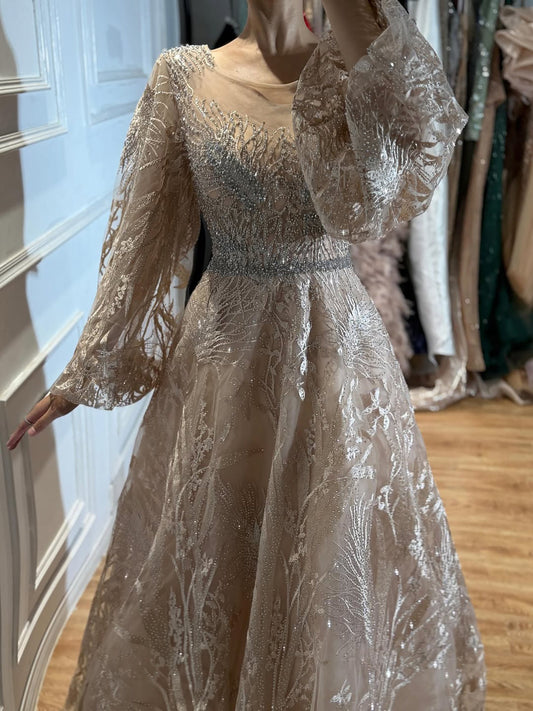 Luxury Nude Illusion Neck Beaded A-Line Gown with Puff Sleeves LA73745