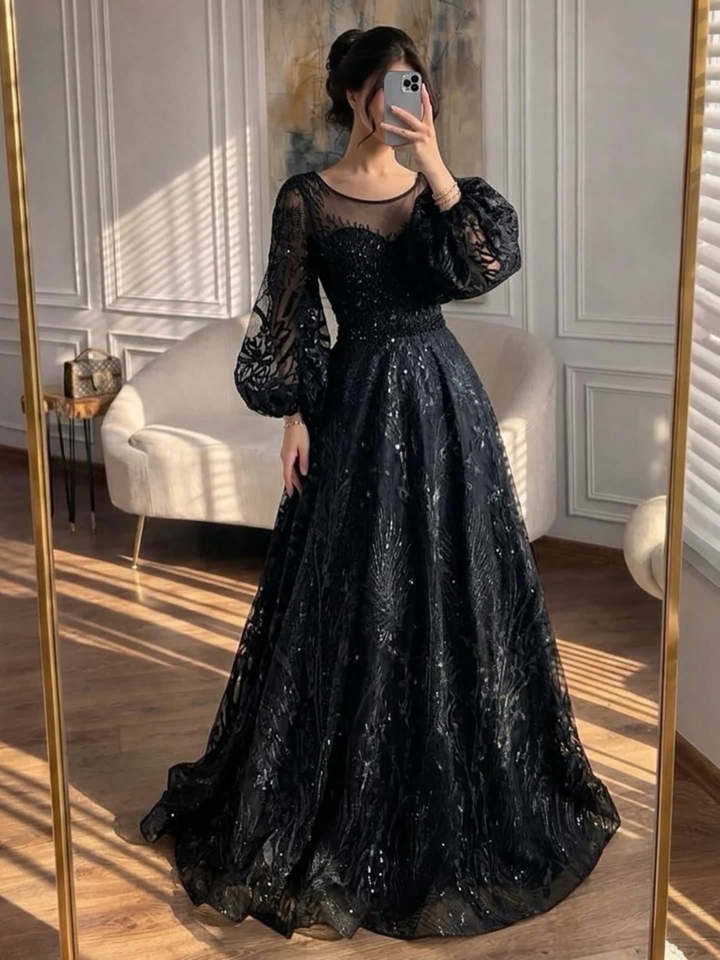 Luxury Nude Illusion Neck Beaded A-Line Gown with Puff Sleeves LA73745