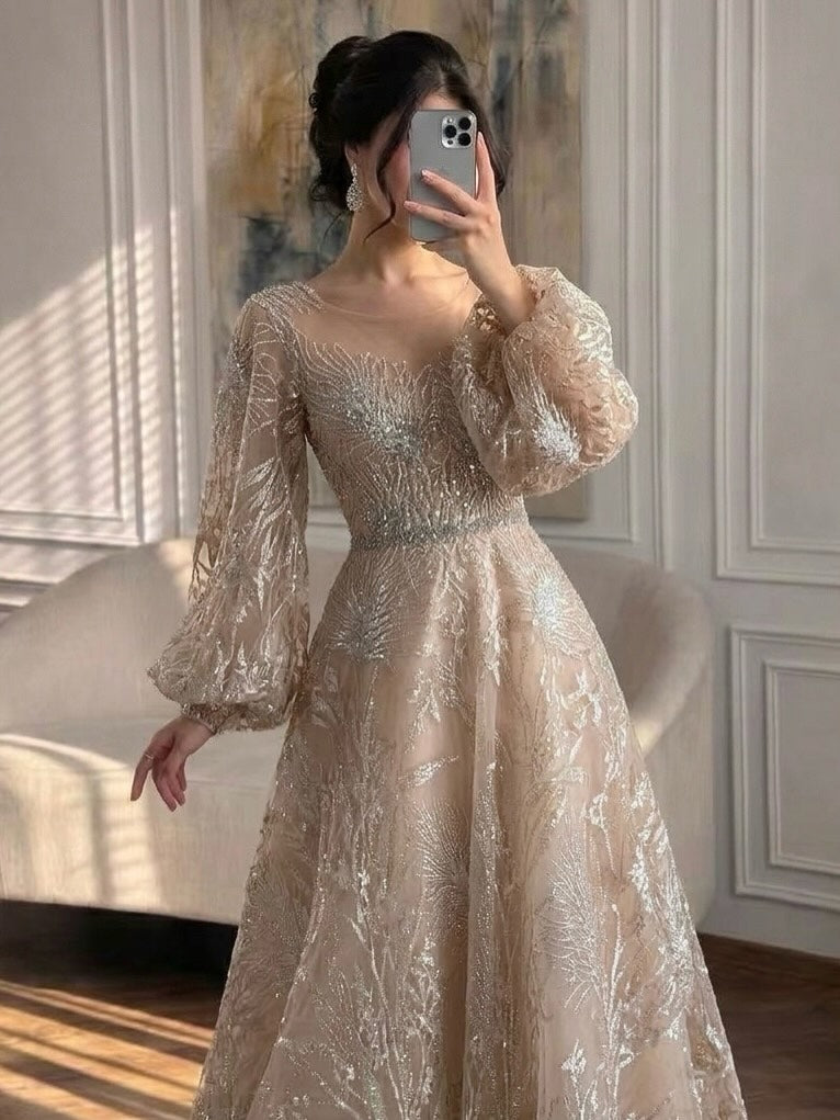 Luxury Nude Illusion Neck Beaded A-Line Gown with Puff Sleeves LA73745