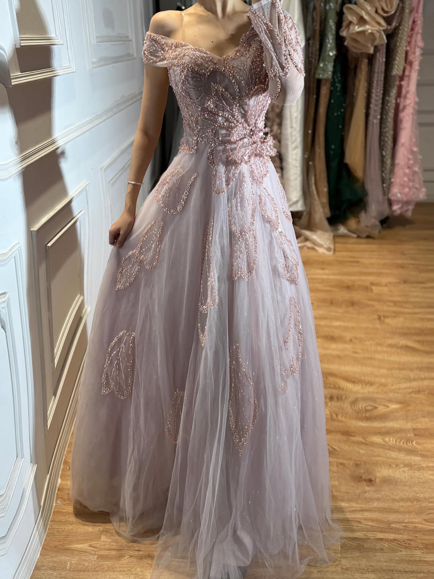 Luxury Pink Beaded One Shoulder A Line Evening Dress LA73746
