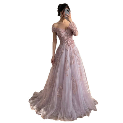 Luxury Pink Beaded One Shoulder A Line Evening Dress LA73746