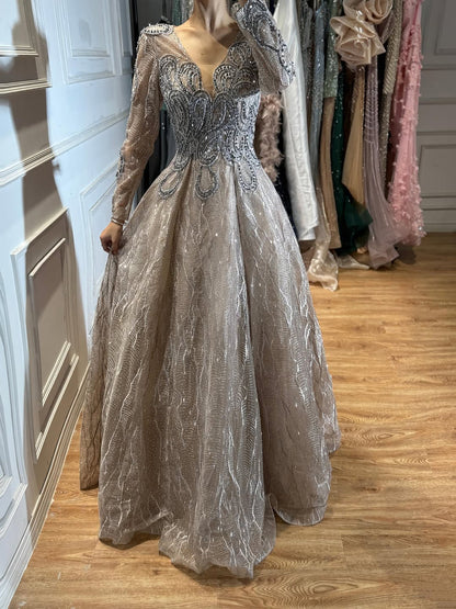 Luxury Nude Beaded V Neck Long Sleeve A Line Evening Dress LA73747