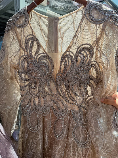 Luxury Nude Beaded V Neck Long Sleeve A Line Evening Dress LA73747