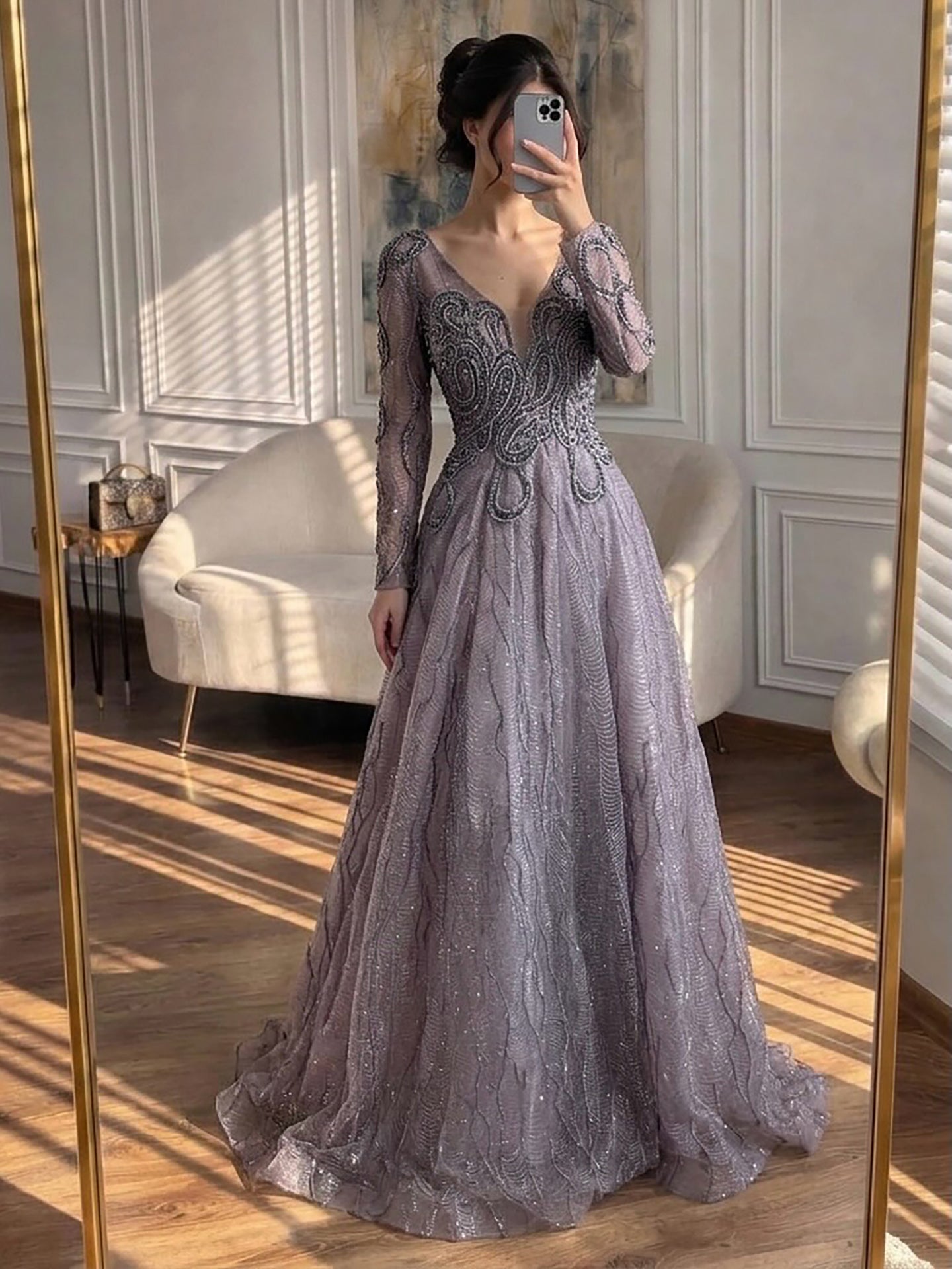 Luxury Nude Beaded V Neck Long Sleeve A Line Evening Dress LA73747