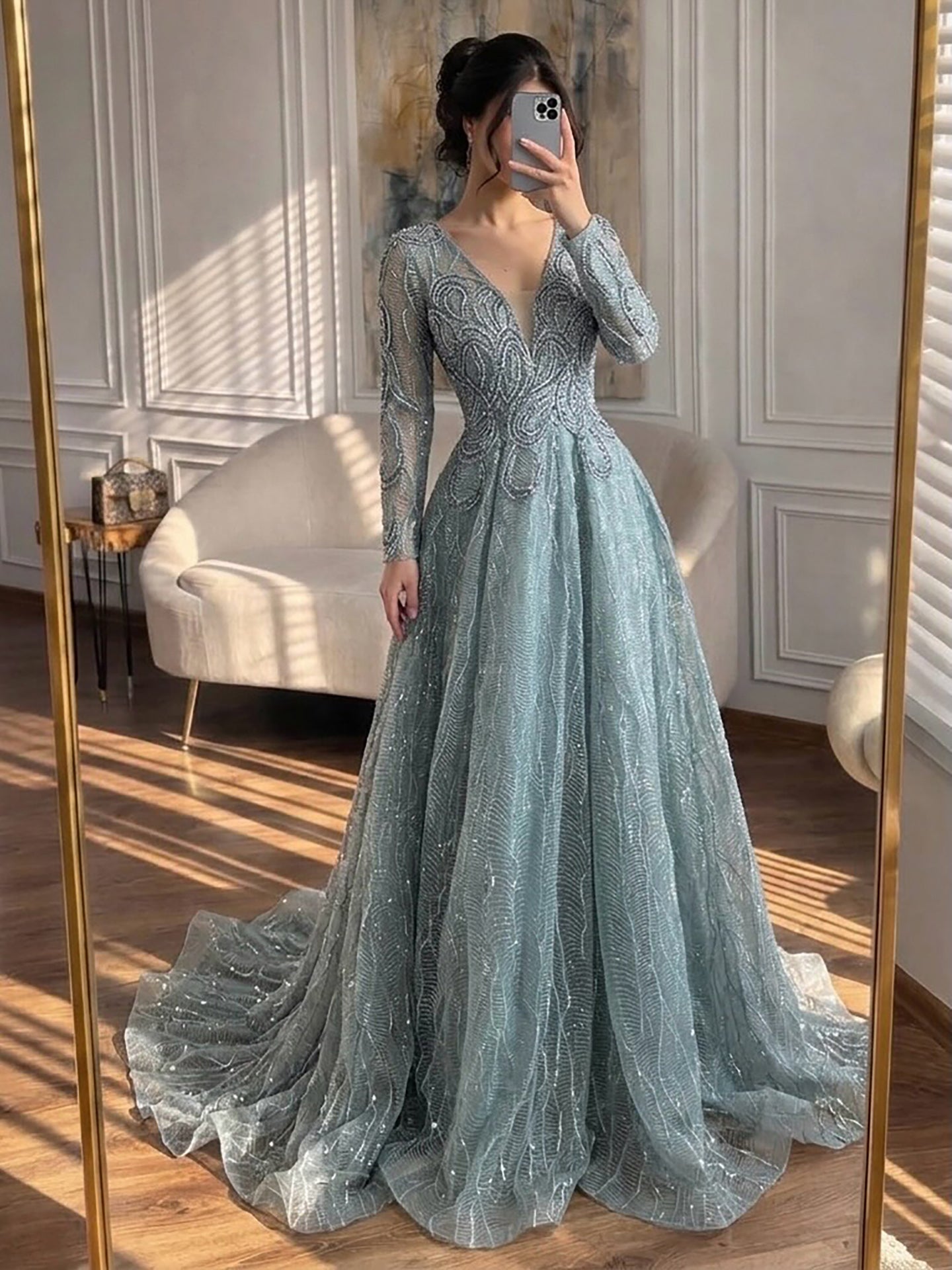 Luxury Nude Beaded V Neck Long Sleeve A Line Evening Dress LA73747