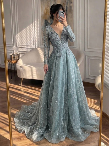 Luxury Nude Beaded V Neck Long Sleeve A Line Evening Dress LA73747
