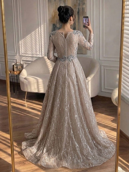 Luxury Nude Beaded V Neck Long Sleeve A Line Evening Dress LA73747