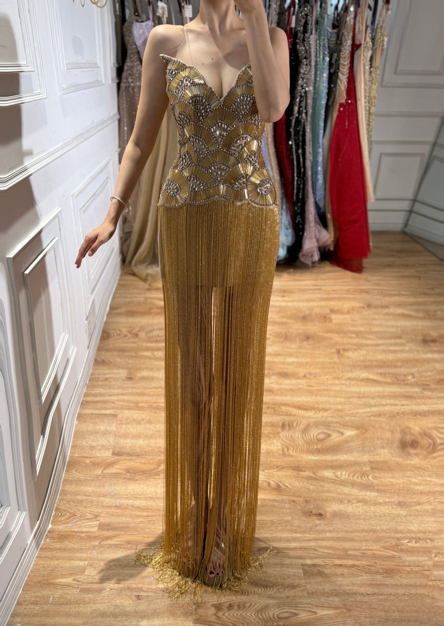 Luxury Hand Made Gold Scallop Tassel Evening Dress LA73748