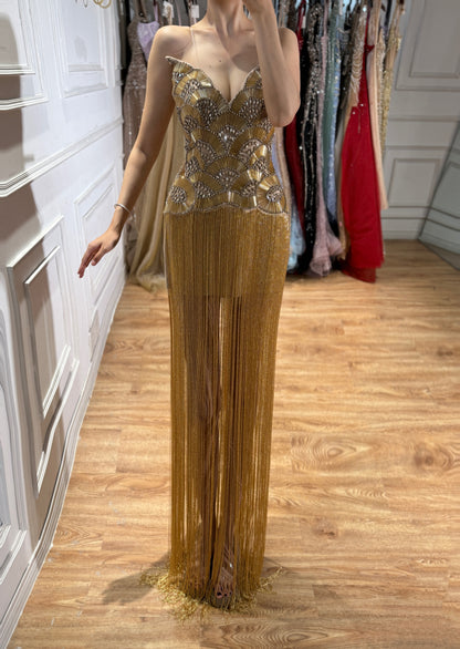 Luxury Hand Made Gold Scallop Tassel Evening Dress LA73748