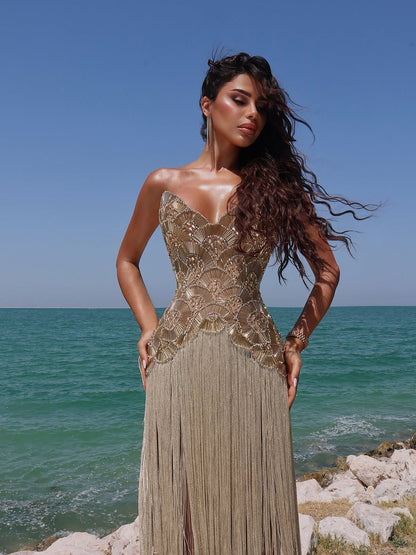 Luxury Hand Made Nude Gold Scallop Tassel Evening Dress LA73748