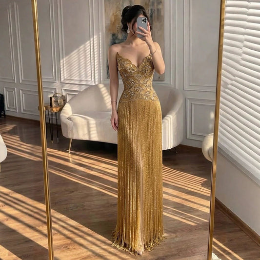 Luxury Hand Made Gold Scallop Tassel Evening Dress LA73748