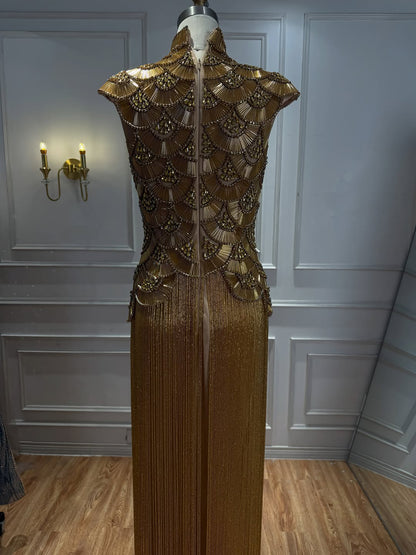 Luxury Gold Crystal Beaded Tassel High Neck Evening Dress LA73748A