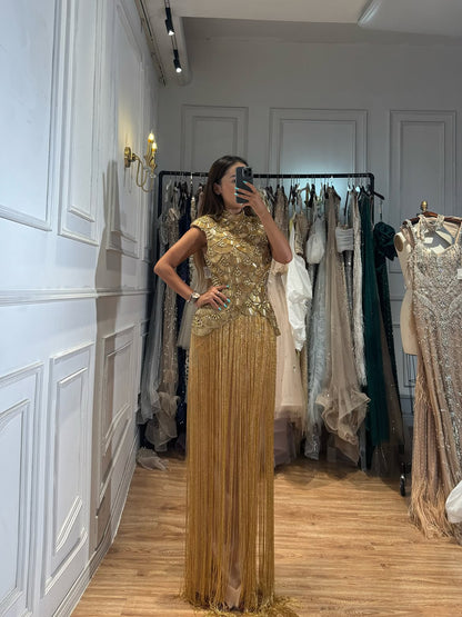 Luxury Gold Crystal Beaded Tassel High Neck Evening Dress LA73748A