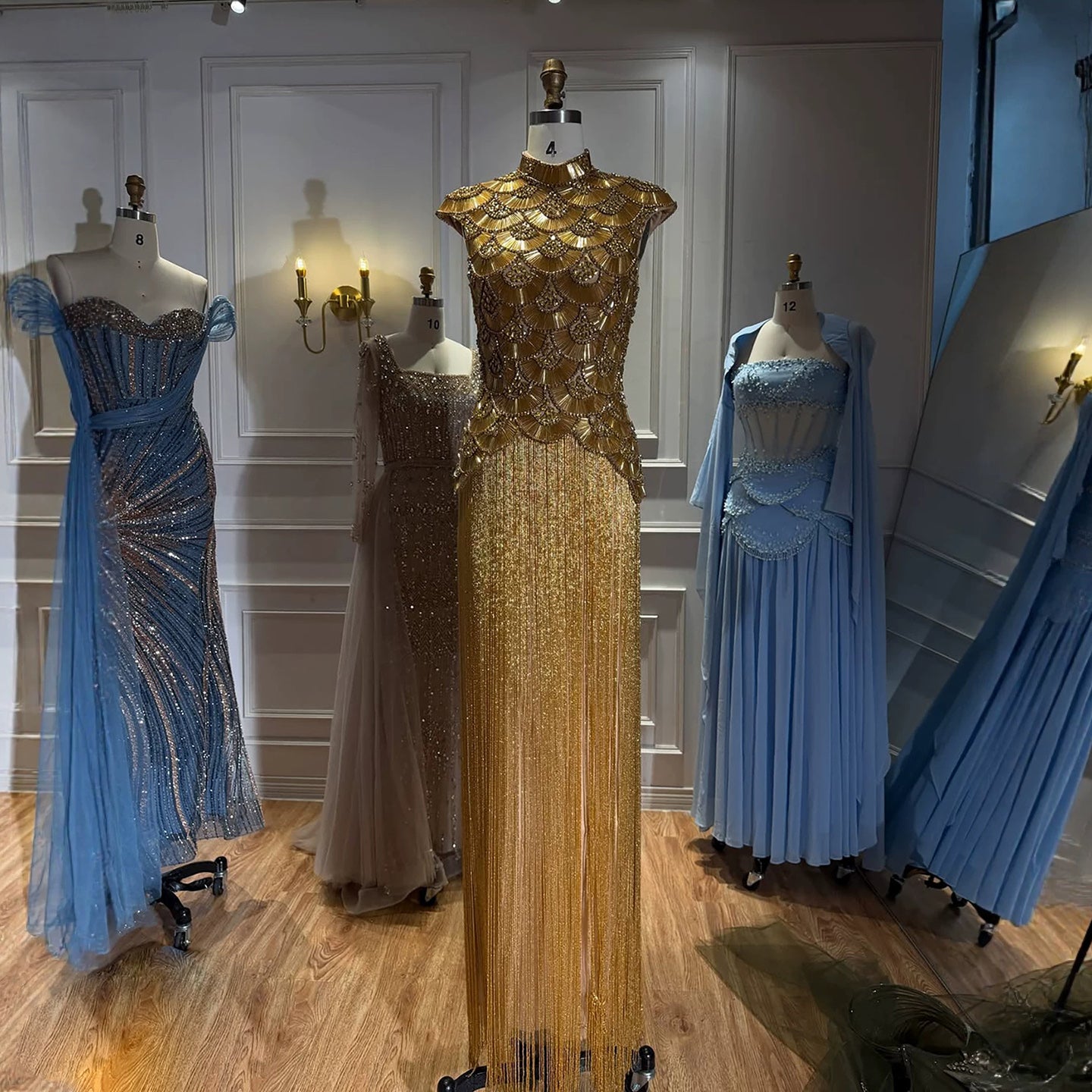 Luxury Gold Crystal Beaded Tassel High Neck Evening Dress LA73748A