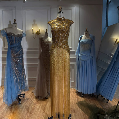 Luxury Gold Crystal Beaded Tassel High Neck Evening Dress LA73748A