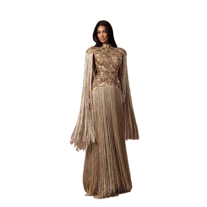 Luxury Gold Scallop Beaded High Neck Dress with Tassel Sleeves LA73748B