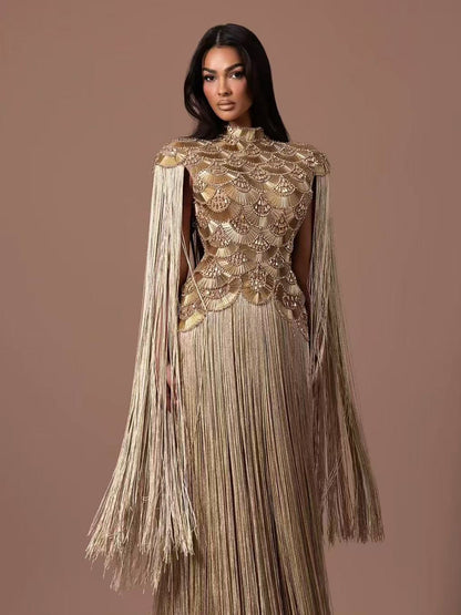Luxury Gold Scallop Beaded High Neck Dress with Tassel Sleeves LA73748B