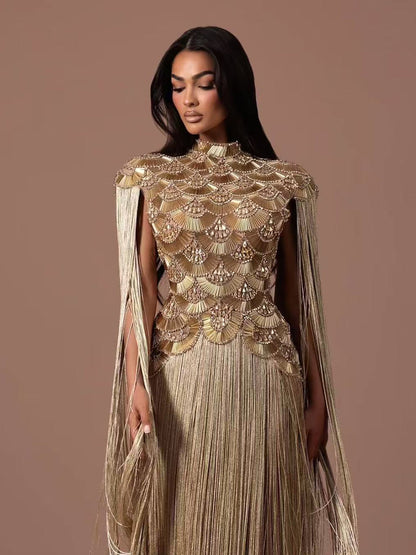 Luxury Gold Scallop Beaded High Neck Dress with Tassel Sleeves LA73748B
