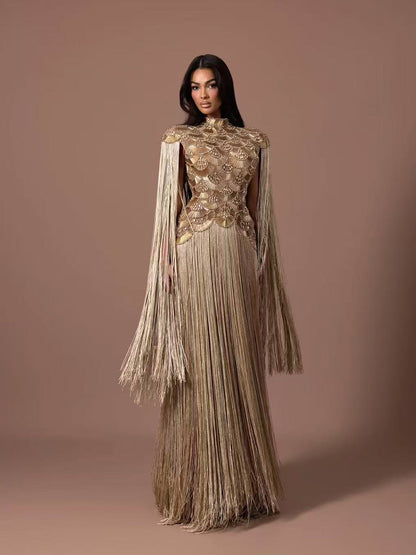 Luxury Gold Scallop Beaded High Neck Dress with Tassel Sleeves LA73748B