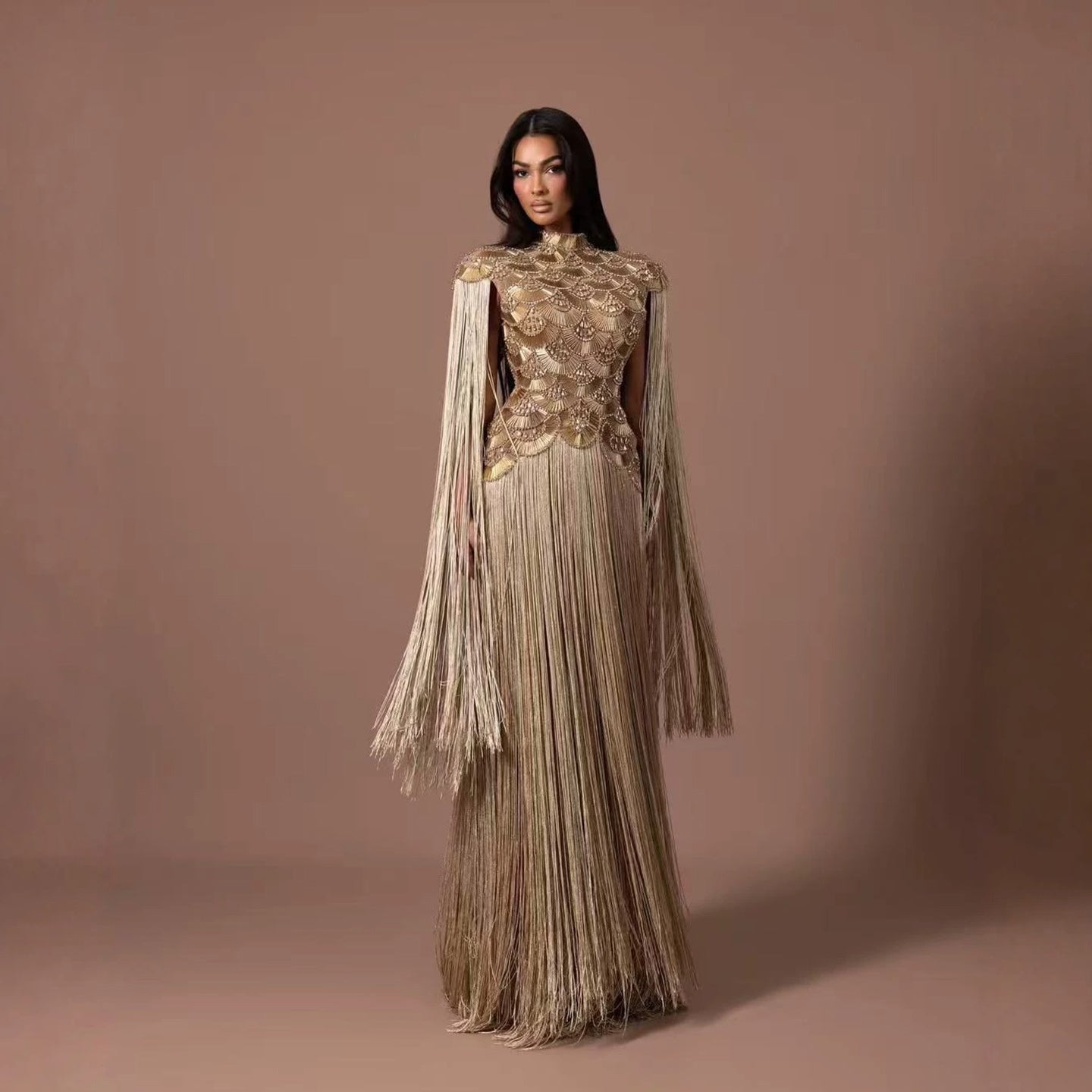 Luxury Gold Scallop Beaded High Neck Dress with Tassel Sleeves LA73748B