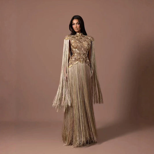 Luxury Gold Scallop Beaded High Neck Dress with Tassel Sleeves LA73748B