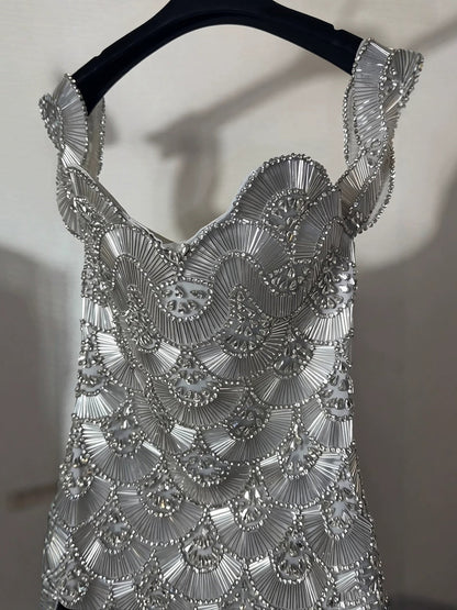Luxury Gold Sweetheart Scalloped Crystal Beaded Mini Dress LA73748E
