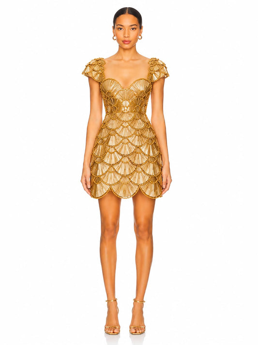 Luxury Gold Sweetheart Scalloped Crystal Beaded Mini Dress LA73748E