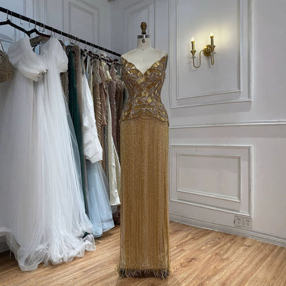 Luxury Hand Made Gold Scallop Tassel Evening Dress LA73748