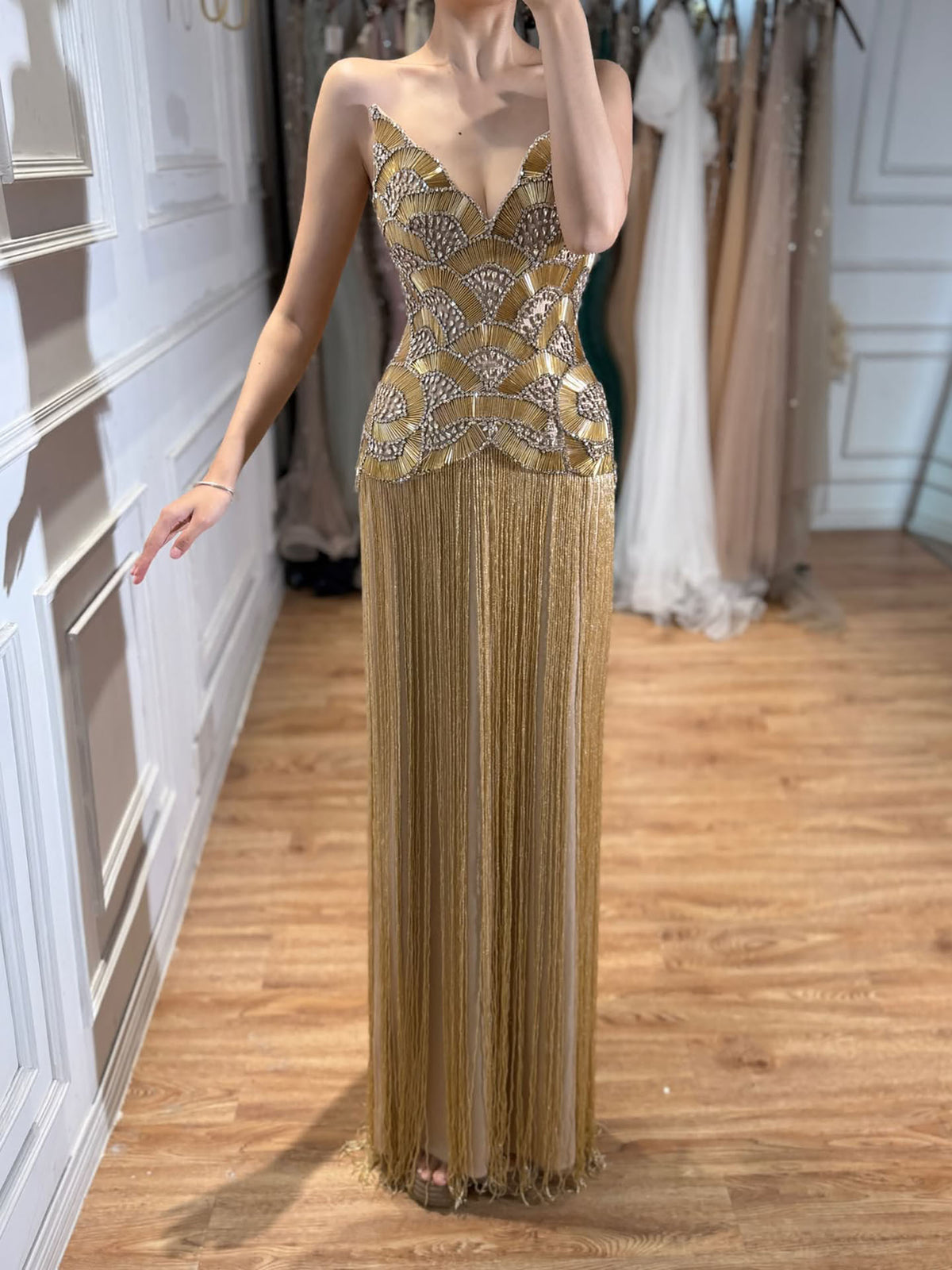 Luxury Hand Made Gold Scallop Tassel Evening Dress LA73748