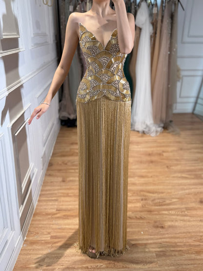 Luxury Hand Made Gold Scallop Tassel Evening Dress LA73748