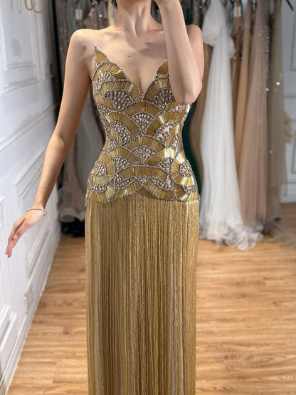 Luxury Hand Made Gold Scallop Tassel Evening Dress LA73748