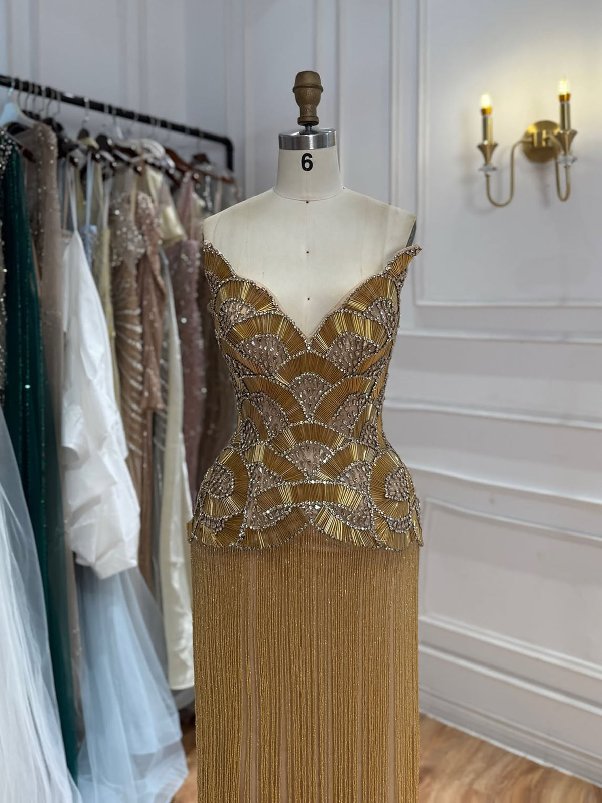 Luxury Hand Made Gold Scallop Tassel Evening Dress LA73748