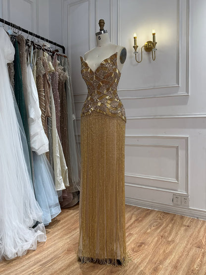 Luxury Hand Made Gold Scallop Tassel Evening Dress LA73748