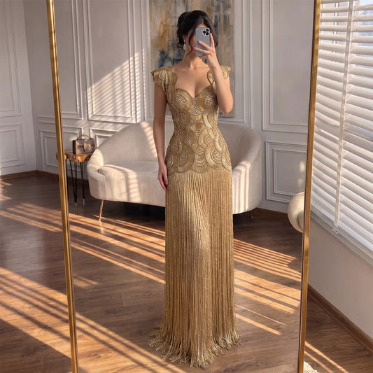 Luxury Gold Sweetheart Scalloped Beaded Fringe Long Dress LA73835