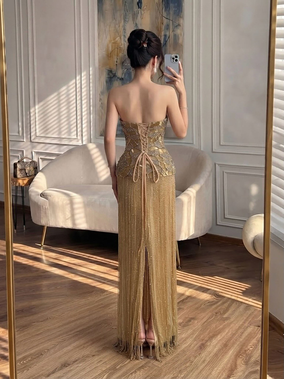 Luxury Hand Made Gold Scallop Tassel Evening Dress LA73748