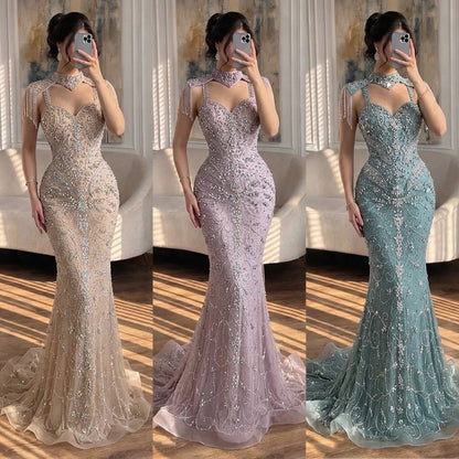 Luxury Nude Crystal Beaded Tassel Mermaid Evening Dress LA73751