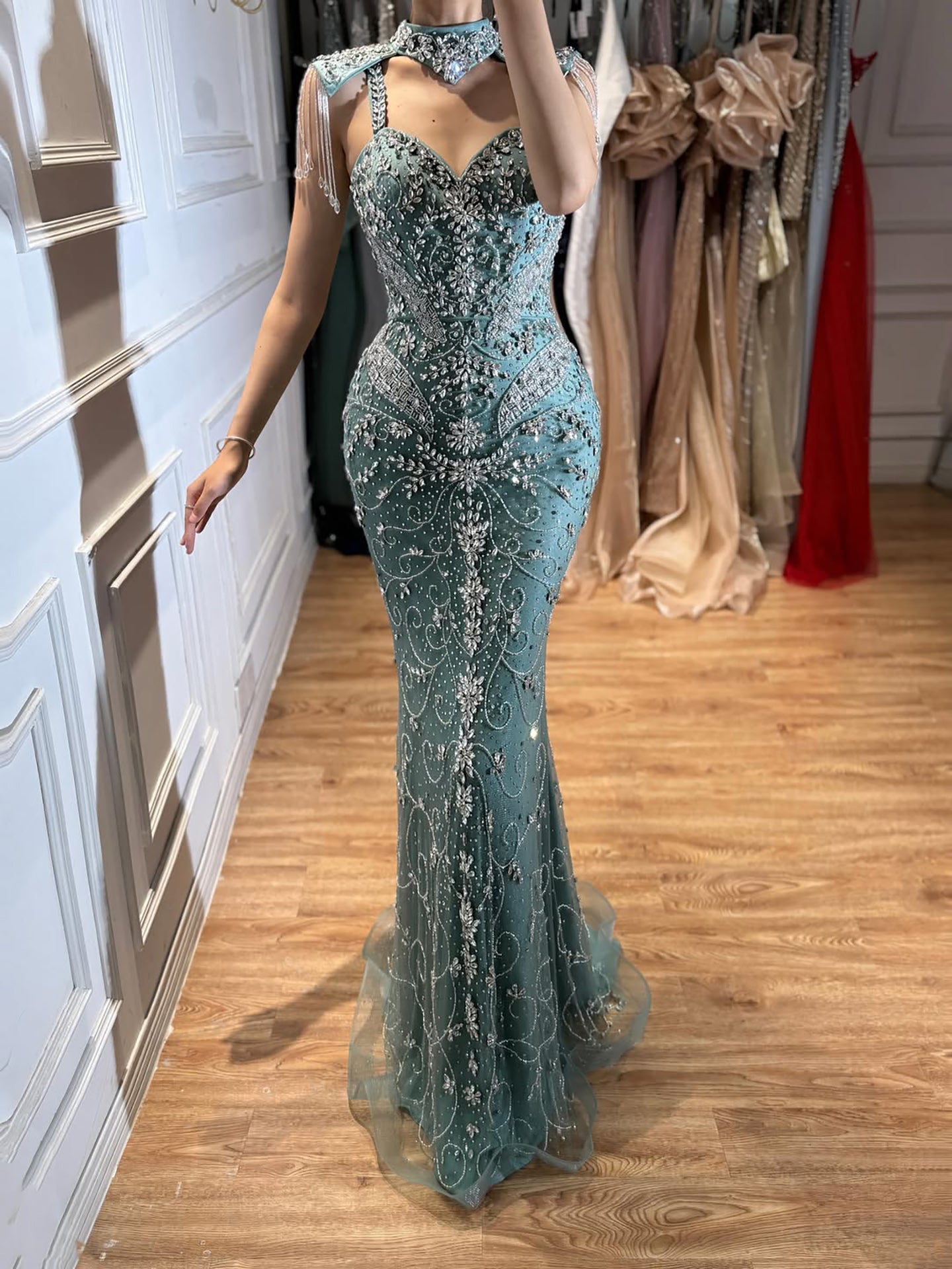 Luxury Nude Crystal Beaded Tassel Mermaid Evening Dress LA73751