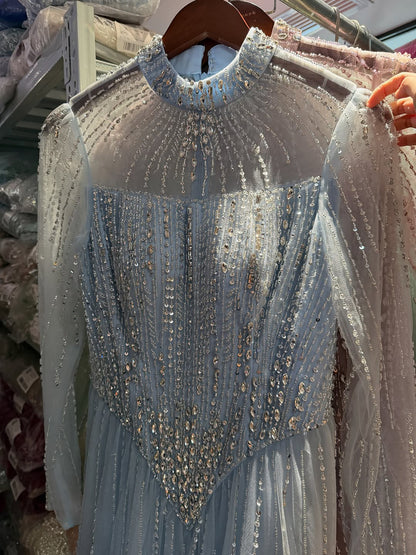 Luxury Nude Crystal Beaded A Line Evening Dress LA73753
