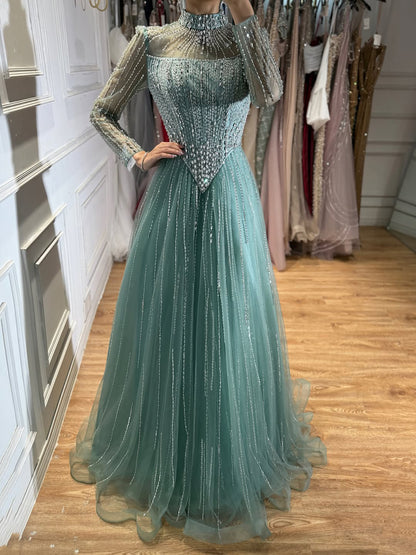 Luxury Nude Crystal Beaded A Line Evening Dress LA73753