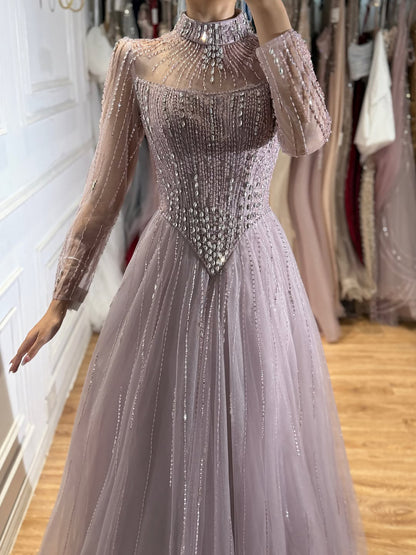 Luxury Nude Crystal Beaded A Line Evening Dress LA73753