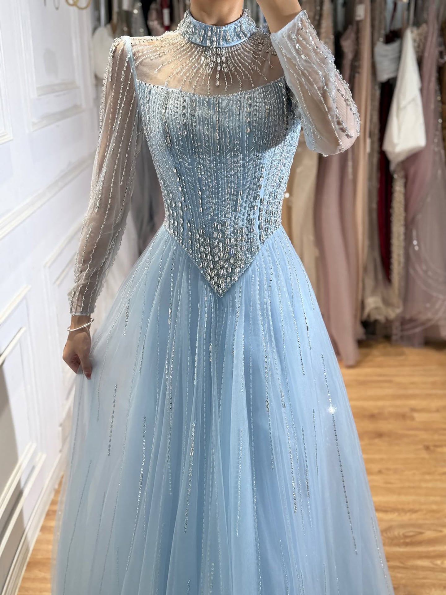 Luxury Nude Crystal Beaded A Line Evening Dress LA73753