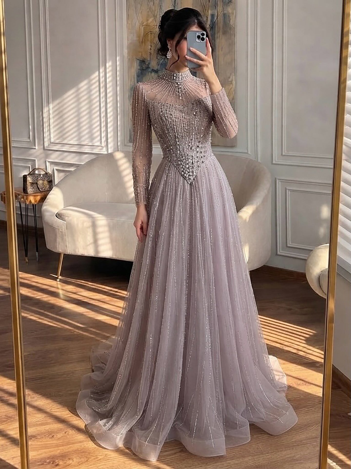 Luxury Nude Crystal Beaded A Line Evening Dress LA73753