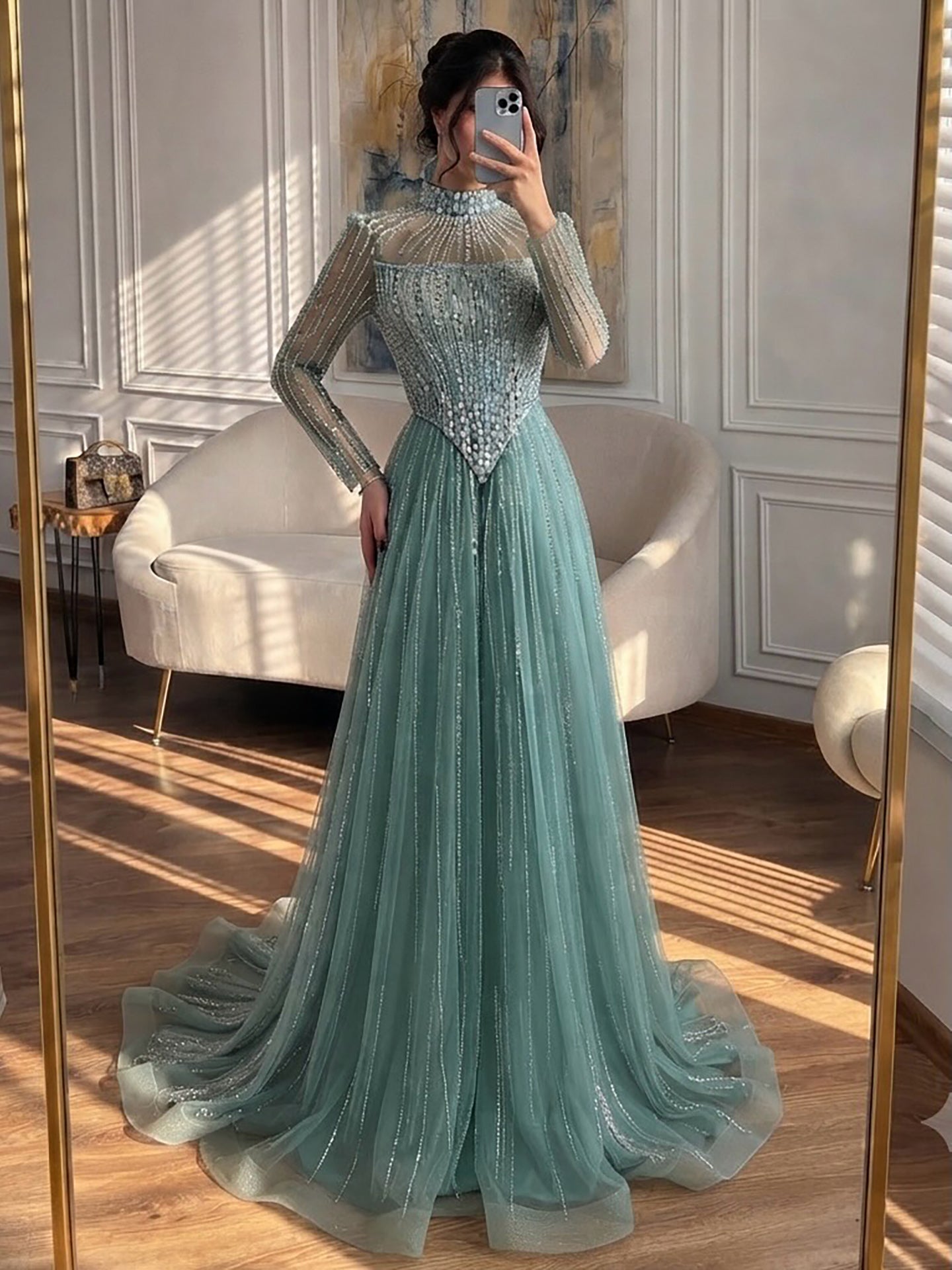 Luxury Nude Crystal Beaded A Line Evening Dress LA73753
